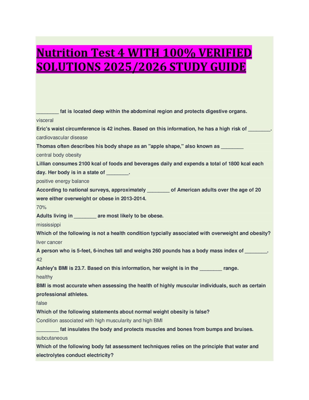 Test Nutrition.pdf Nutrition Test 4 WITH 100% VERIFIED SOLUTIONS 2025/2026 STUDY GUIDE ...