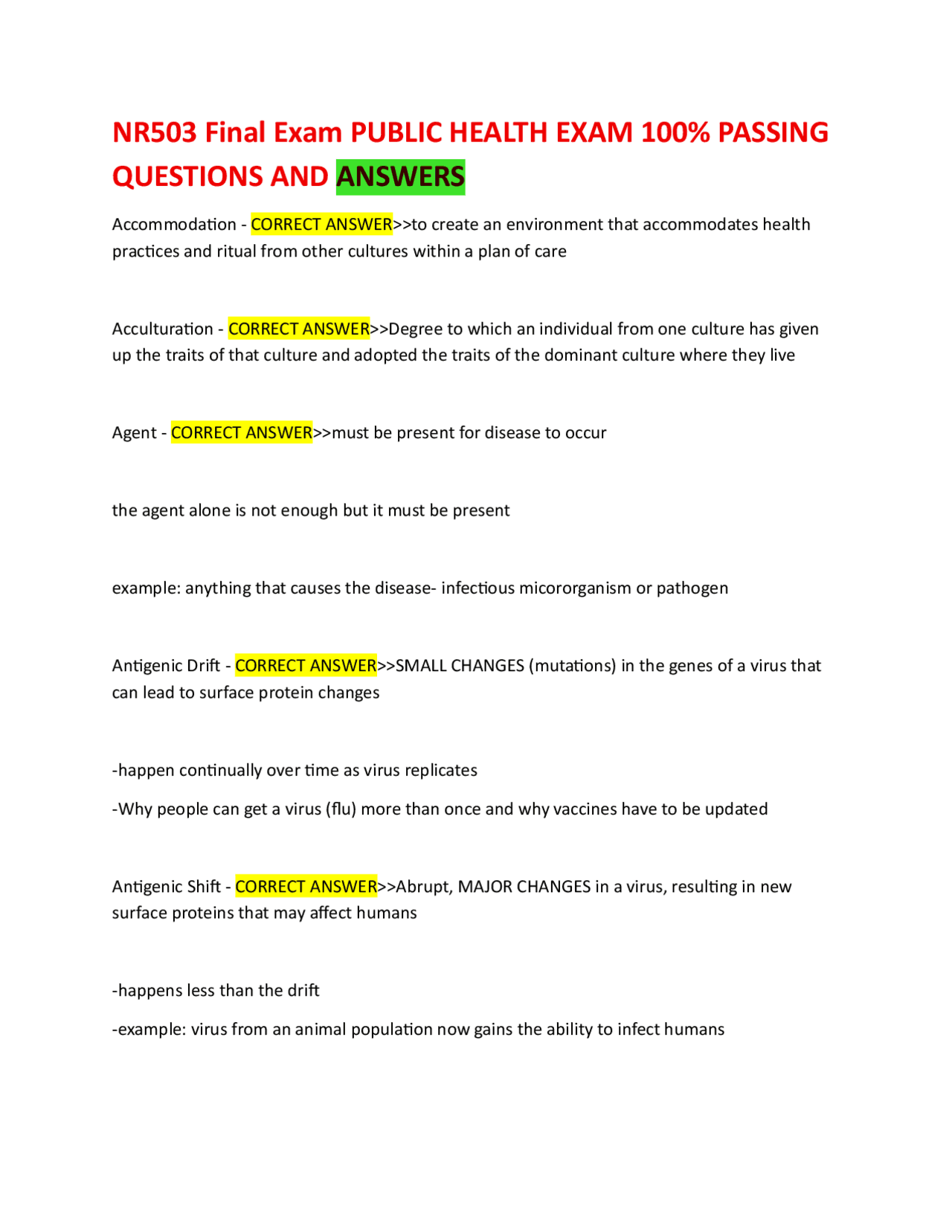 NR503 Final Exam PUBLIC HEALTH EXAM 100% PASSING QUESTIONS AND ANSWERS ...