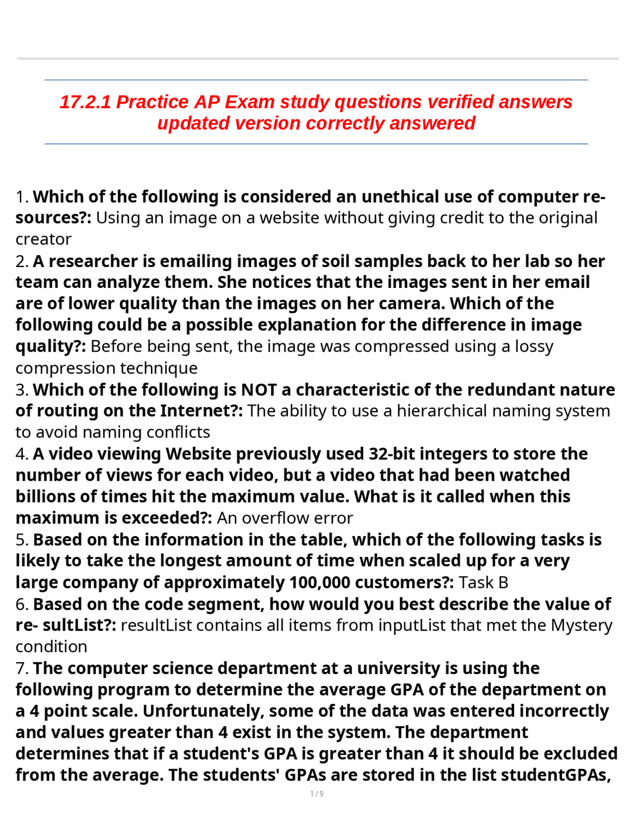 17.2.1 Practice AP Exam study questions verified answers updated ...