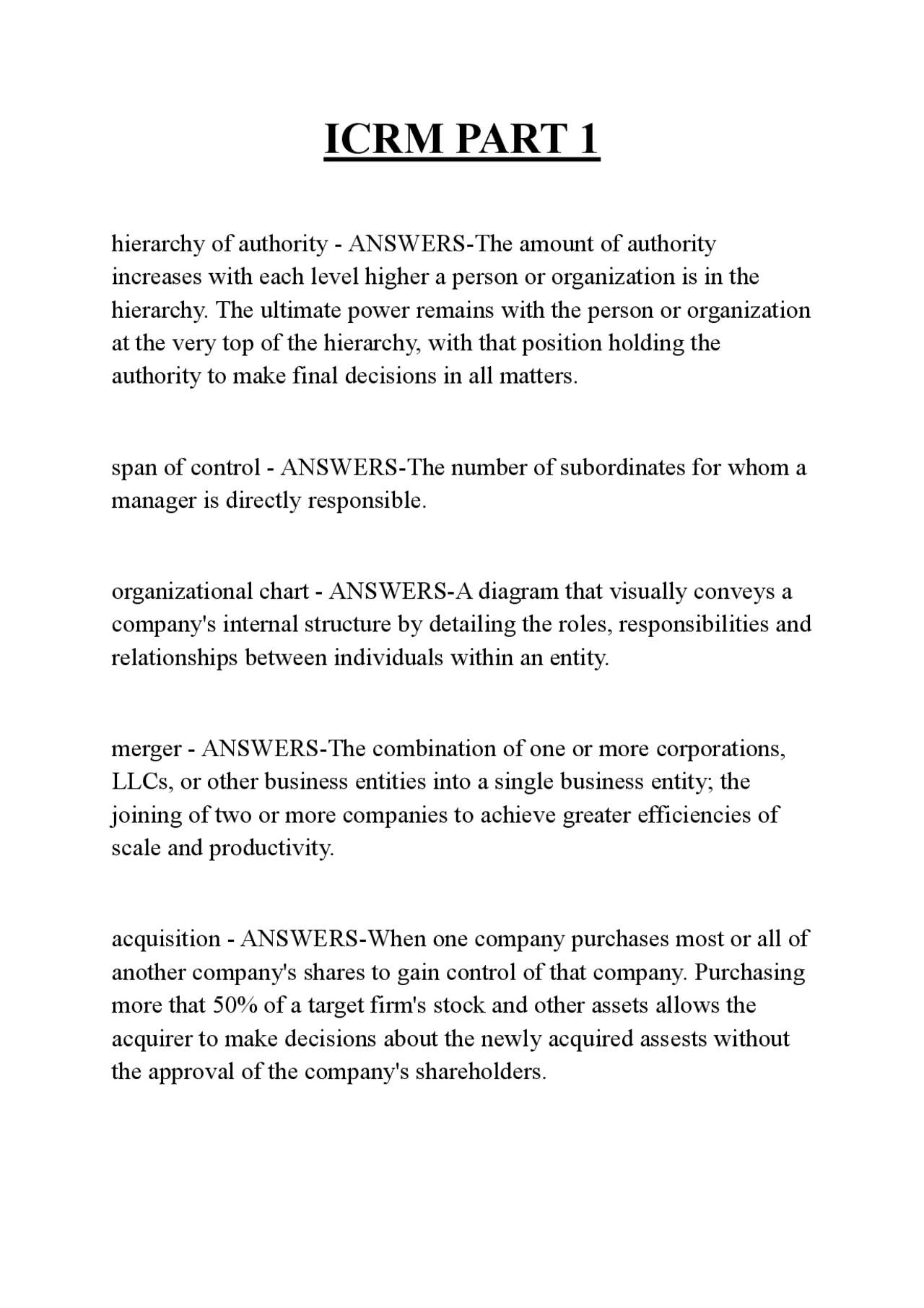 ICRM PART 1 QUESTIONS AND ANSWERS 2025 | Exams Advanced Education | Docsity