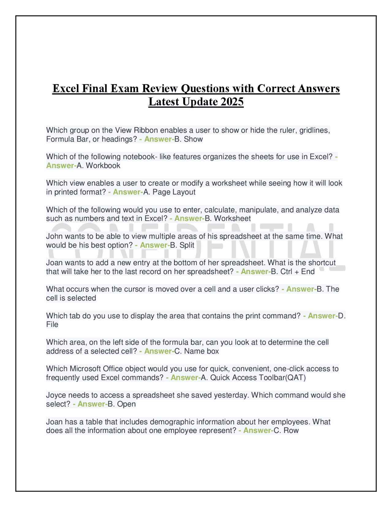 Excel Final Exam Review Questions with Correct Answers Latest Update ...