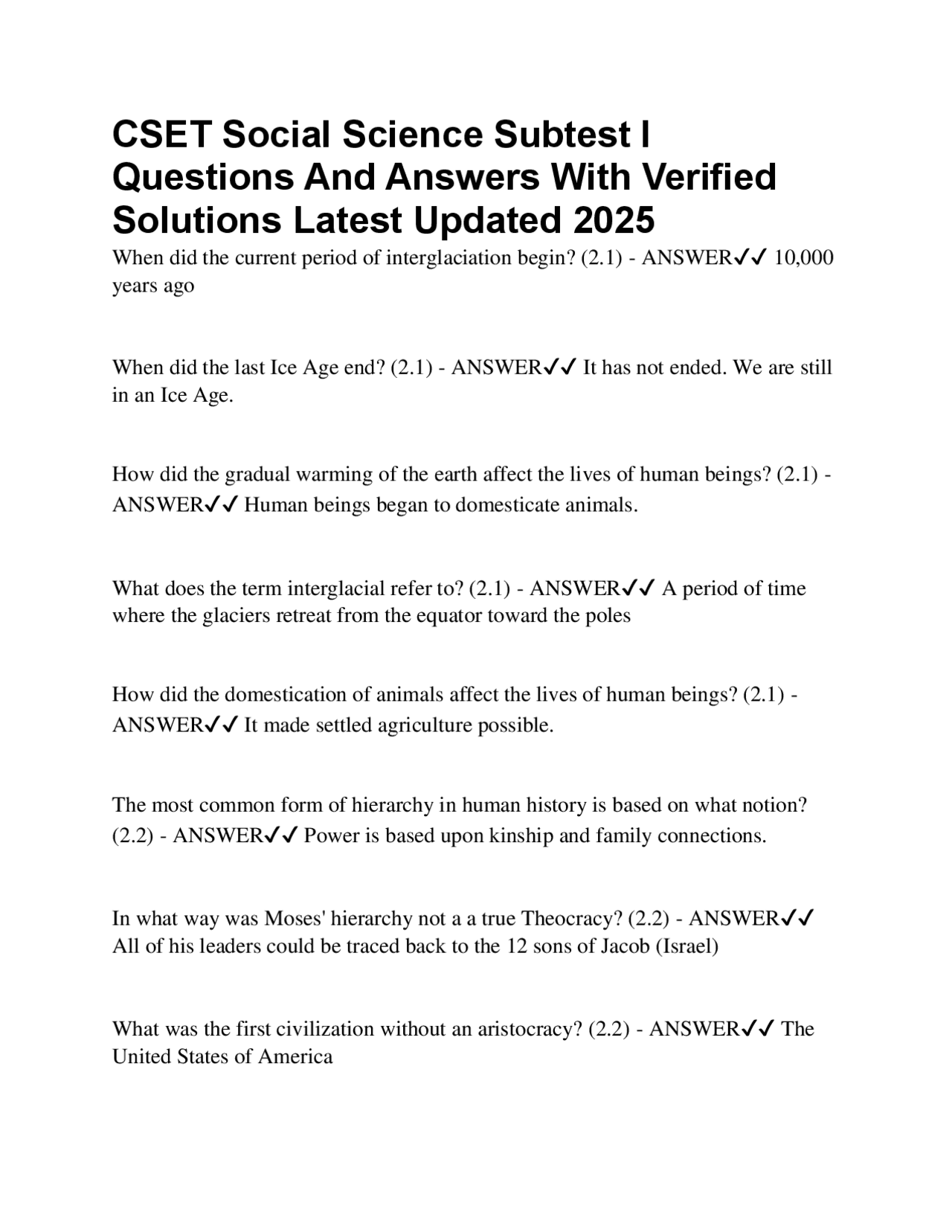 Csoc Question CSET Social Science Subtest I Questions And Answers With Verified ...