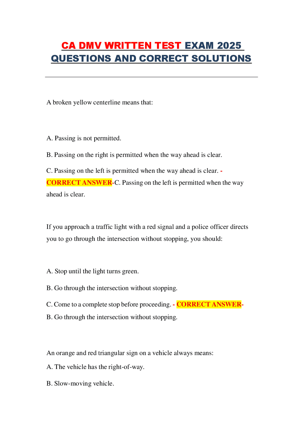 CA DMV Written Test 2025: Questions and Correct Solutions | Exams ...