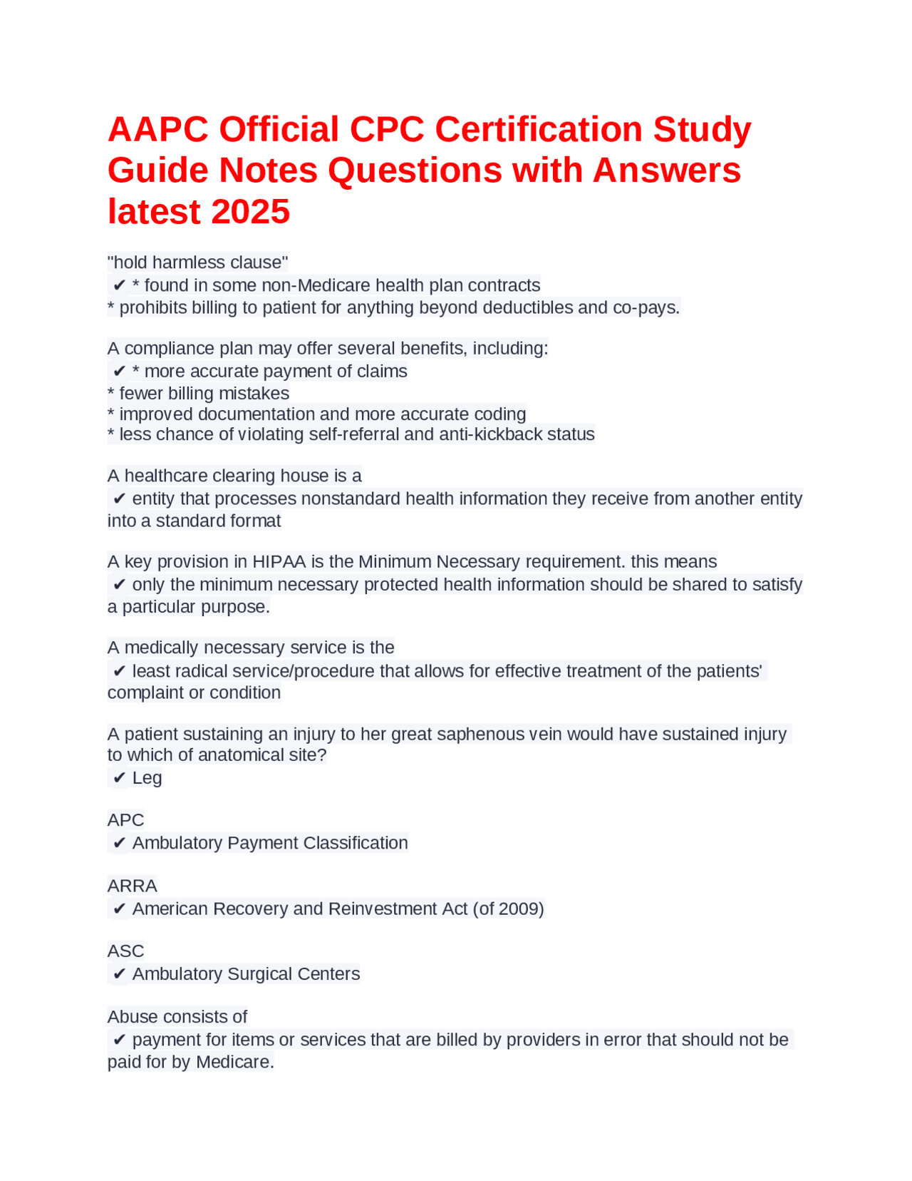 AAPC Official CPC Certification Study Guide Notes Questions with ...