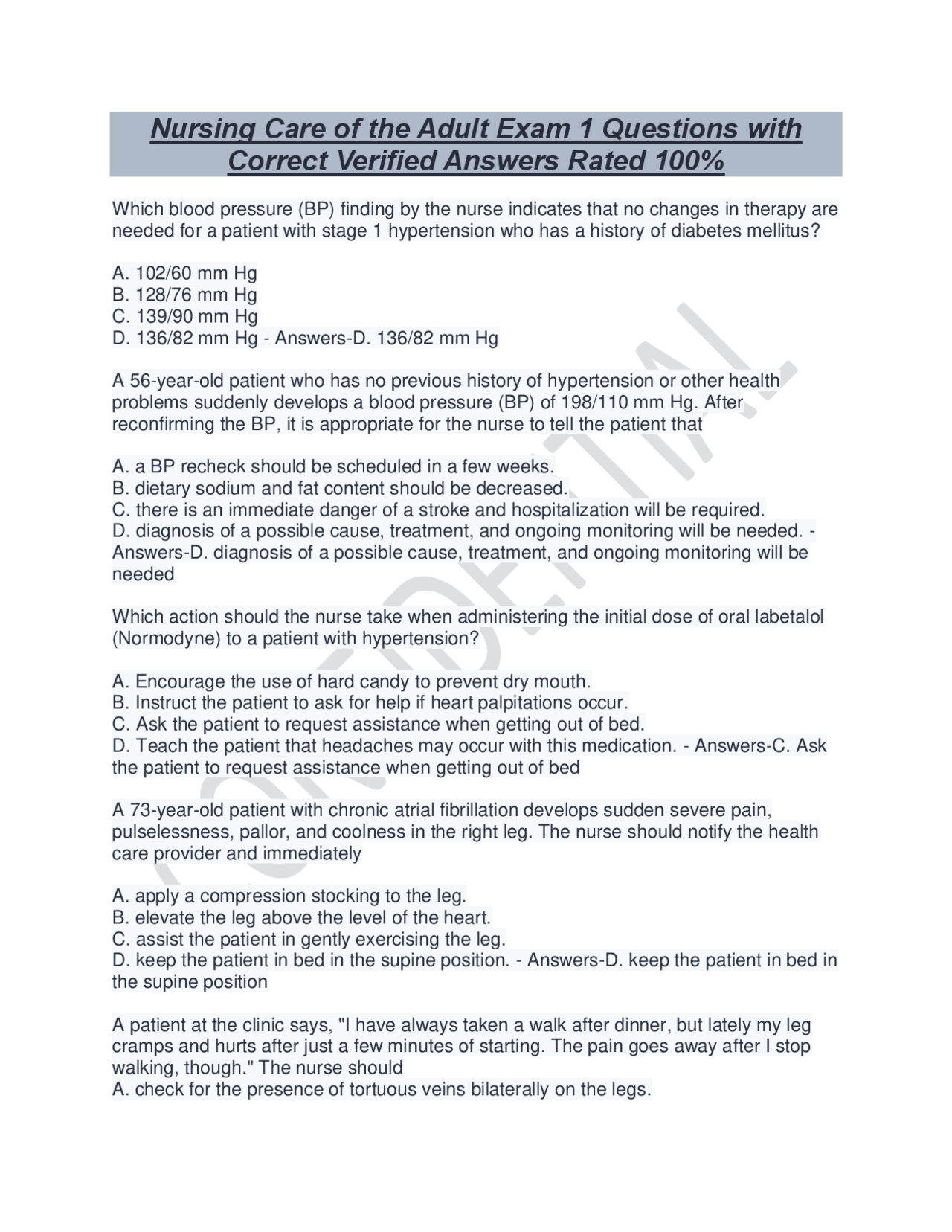 Nursing Care of the Adult Exam 1 Questions with Correct Verified ...