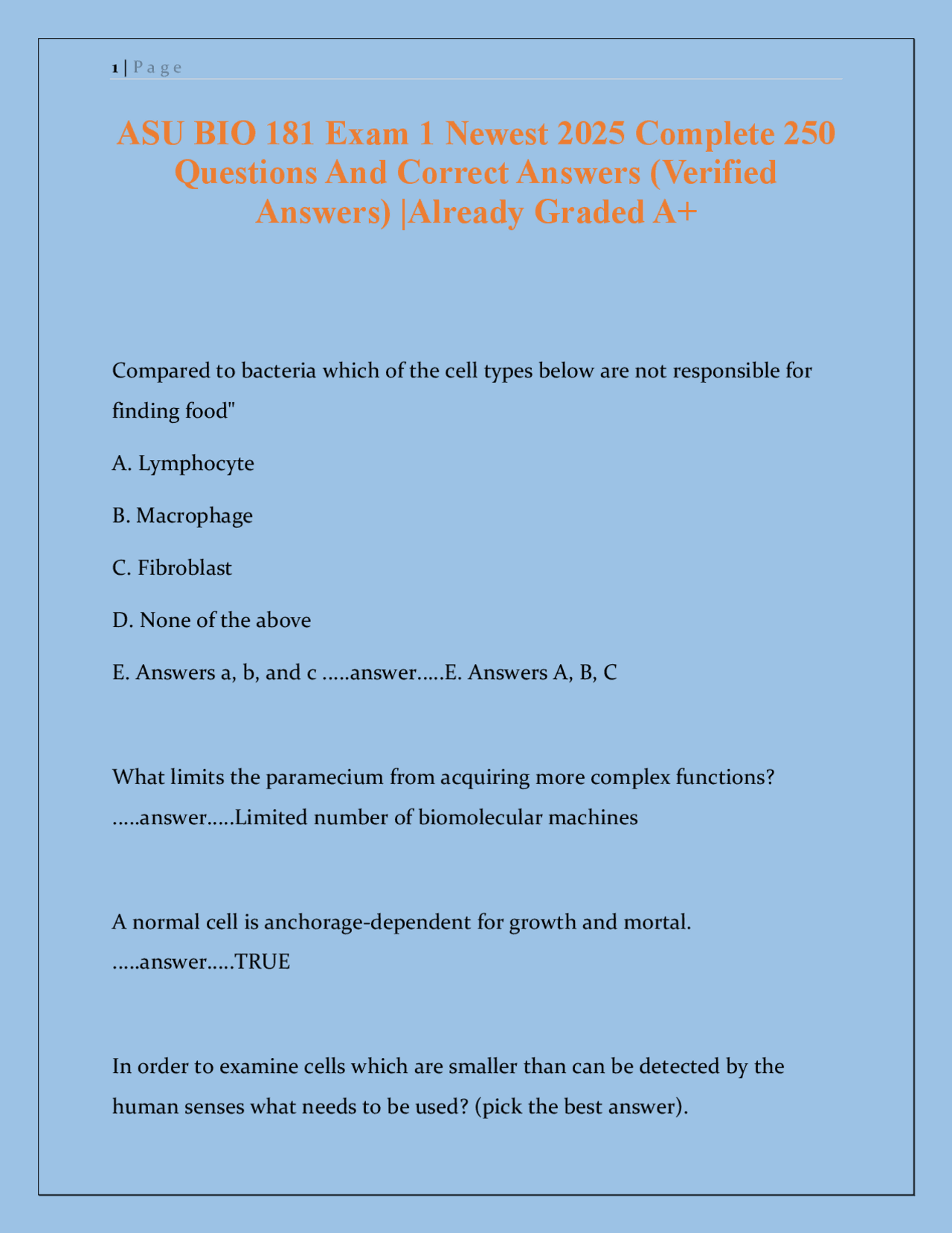 ASU BIO 181 Exam 1 Study Guide (2025) – 250 Verified Questions ...