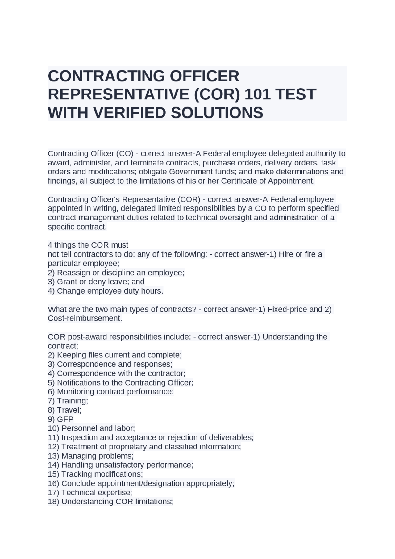COR 101: Contracting Officer Representative Exam Questions and Answers ...