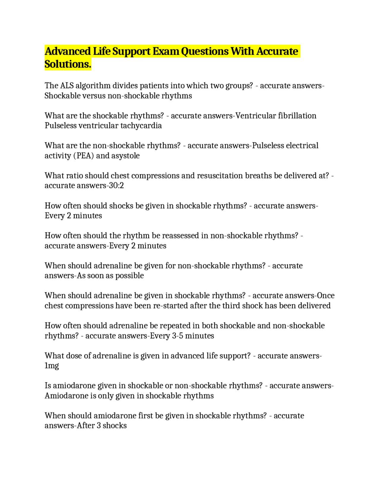 Advanced Life Support Exam Questions With Accurate Solutions. | Exams ...