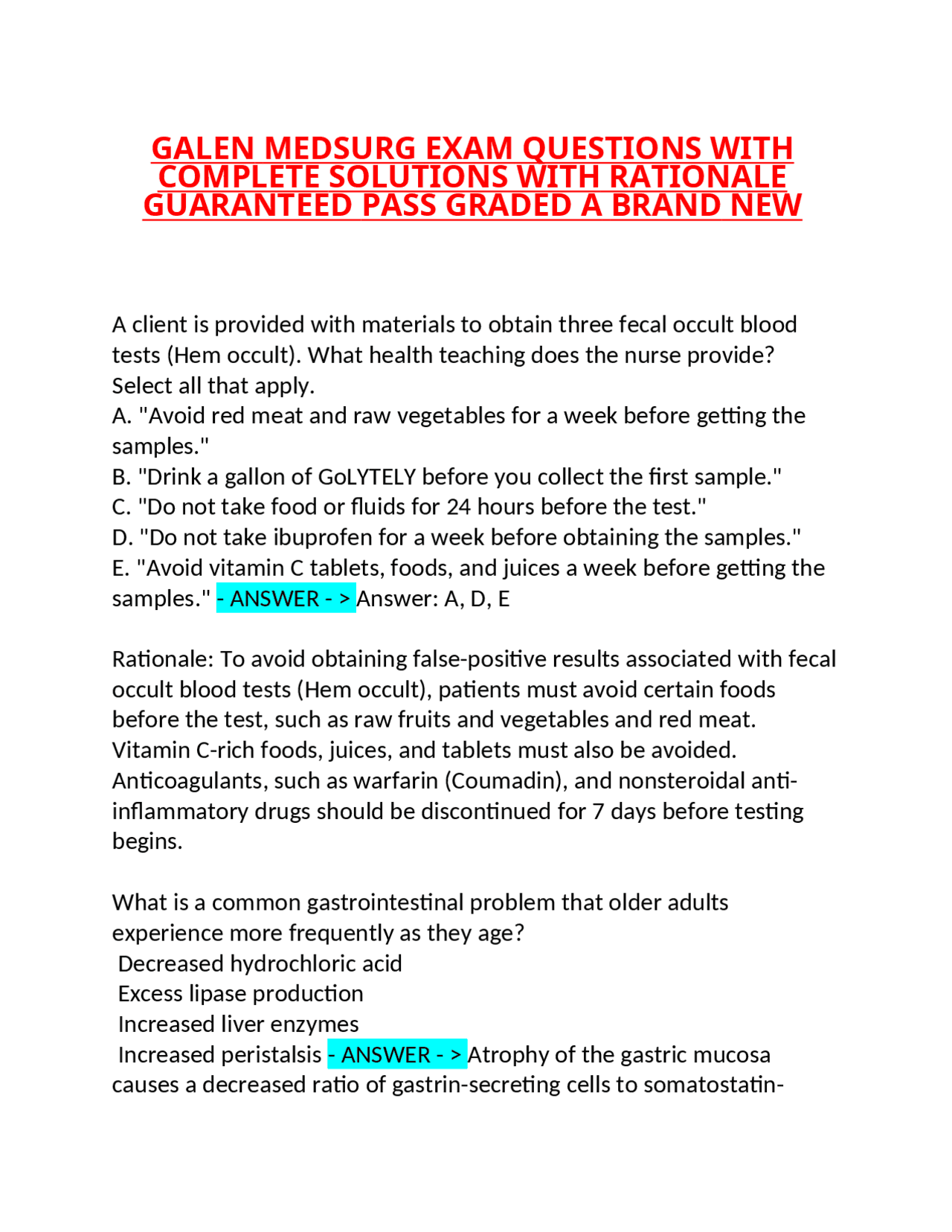 GALEN MEDSURG EXAM QUESTIONS WITH COMPLETE SOLUTIONS WITH RATIONALE ...