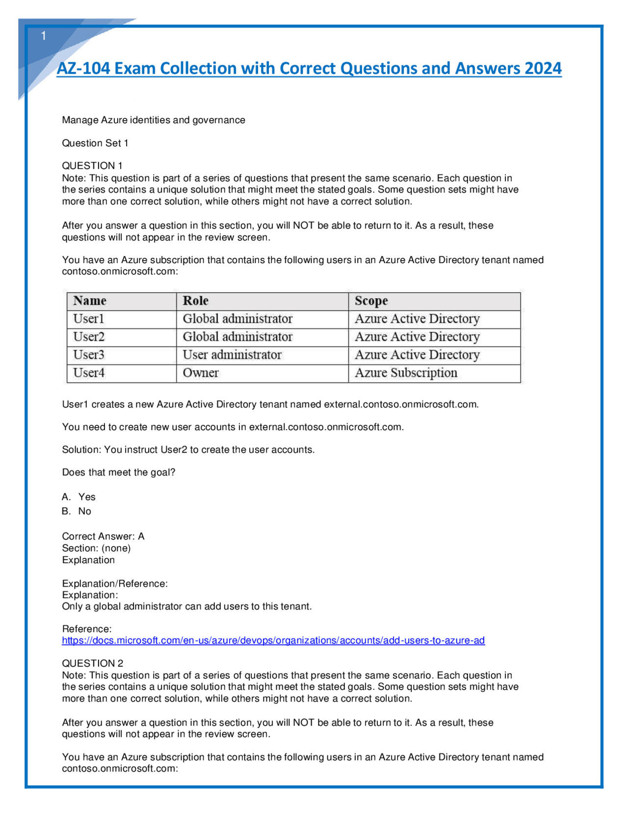 AZ-104 Exam Collection with Correct Questions and Answers | Exams ...