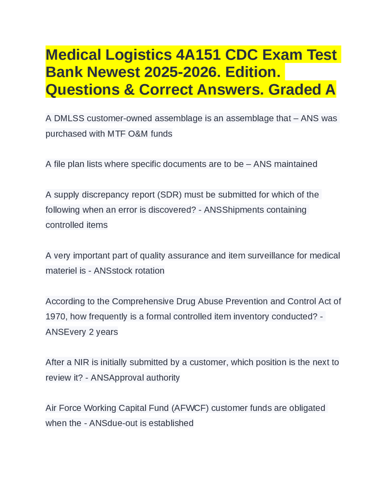 Medical Logistics 4A151 CDC Exam Test Bank Newest 2025-2026. Edition ...