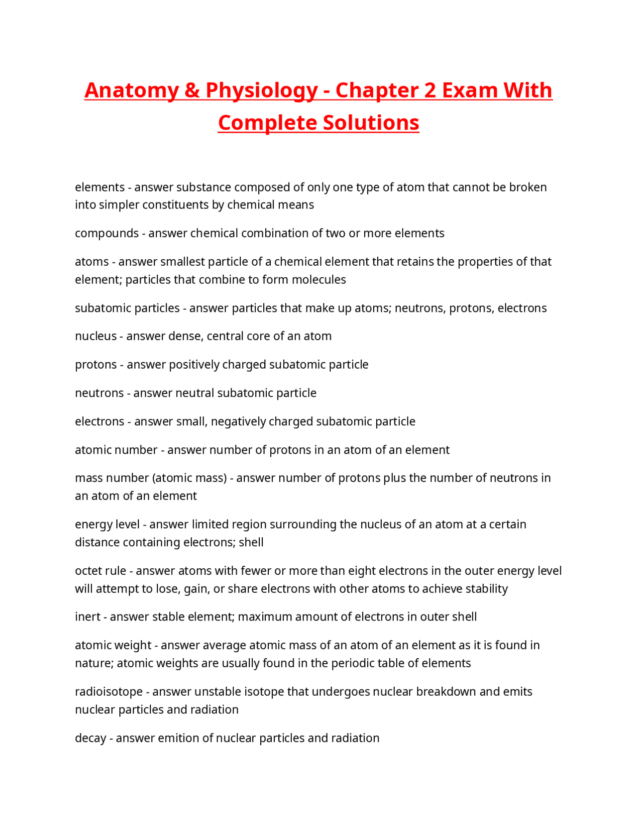 Anatomy & Physiology - Chapter 2 Exam With Complete Solutions. | Exams ...