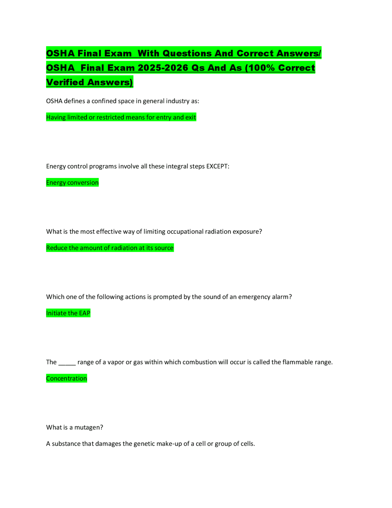 OSHA 30 Final Exam With Questions And Correct Answers/ OSHA Final Exam ...