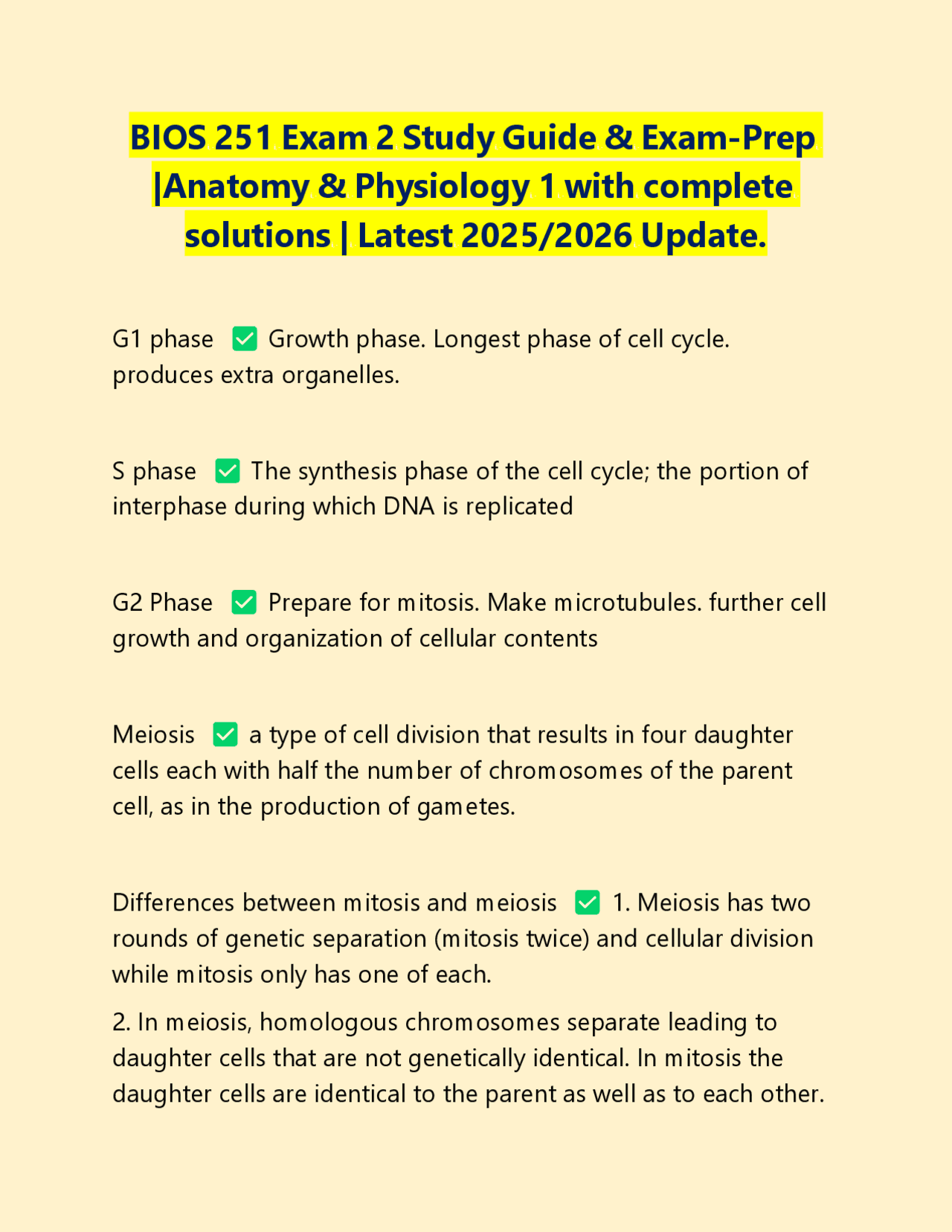 BIOS 251 Exam 2 Study Guide & Exam-Prep |Anatomy & Physiology 1 with ...
