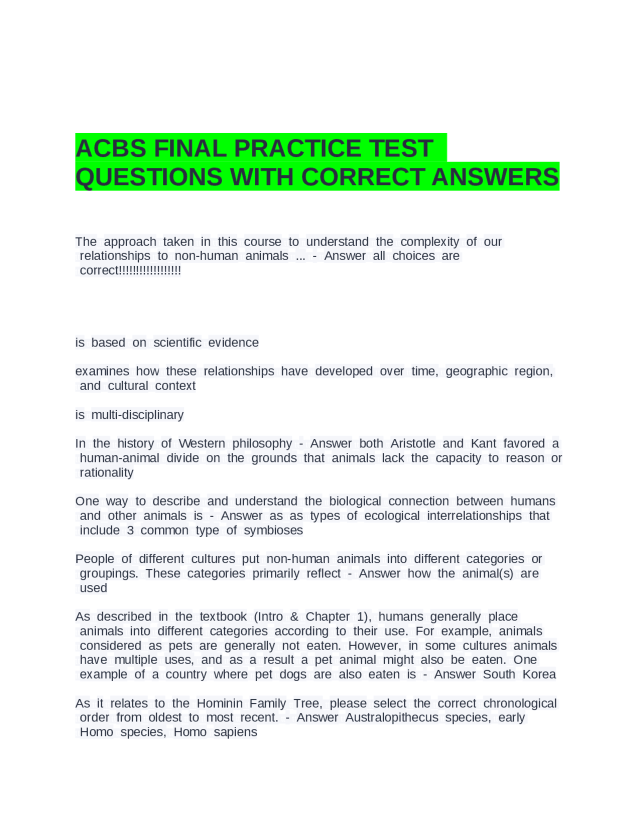 ACBS FINAL PRACTICE TEST QUESTIONS WITH CORRECT ANSWERS.docx | Exams ...
