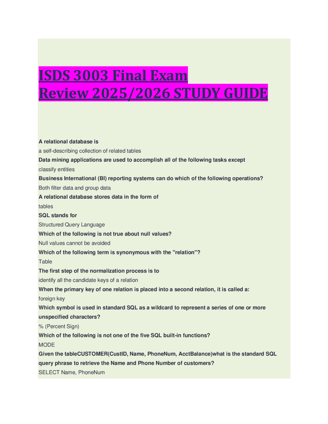 ISDS 3003 Final Exam Review 2025/2026 STUDY GUIDE | Exams Business ...