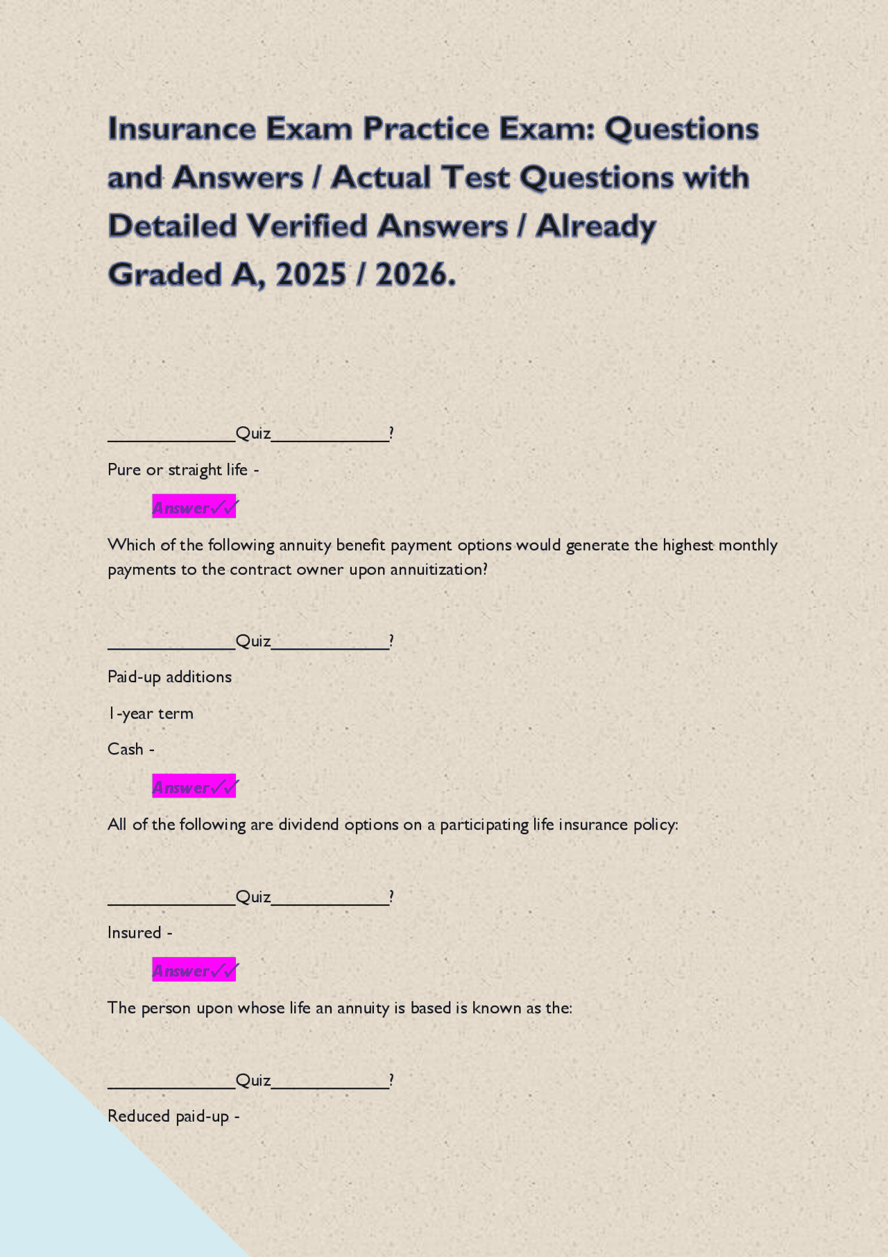 Insurance Exam Practice Exam: Questions and Answers / Actual Test Questions with Detailed ...