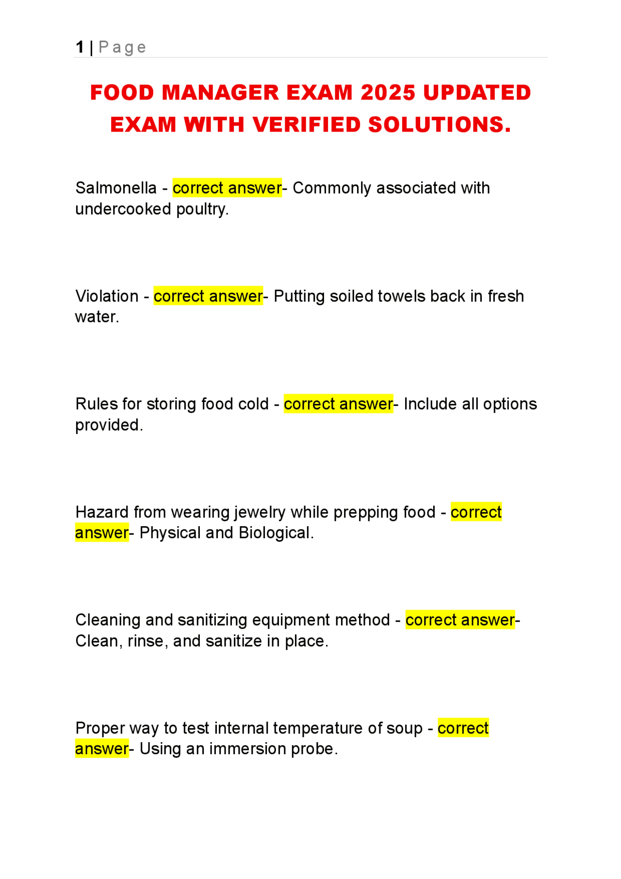 Food Manager Exam 2025 Updated Exam With Verified Solutions Exams