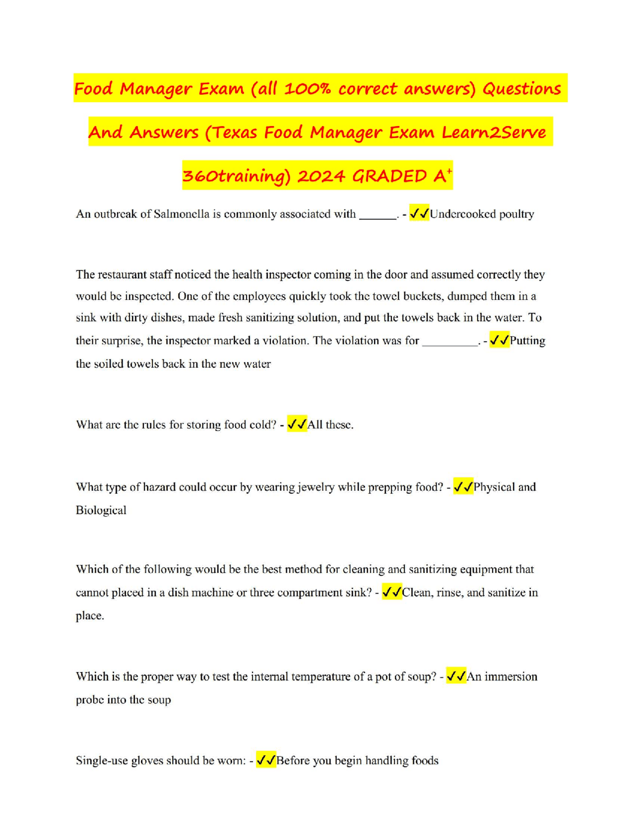 Food Manager Study Guide Food manager exam all 100 correct answers questions and answers texas ...