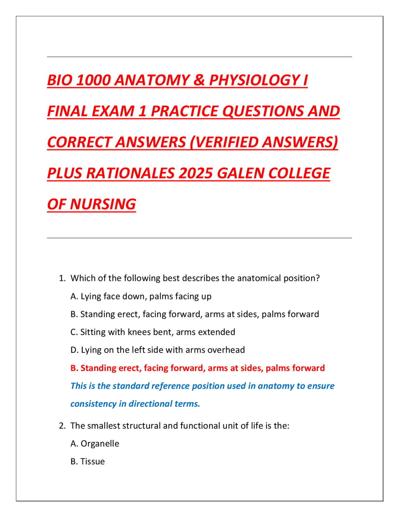 BIO 1000 ANATOMY & PHYSIOLOGY I FINAL EXAM 1 PRACTICE QUESTIONS AND ...