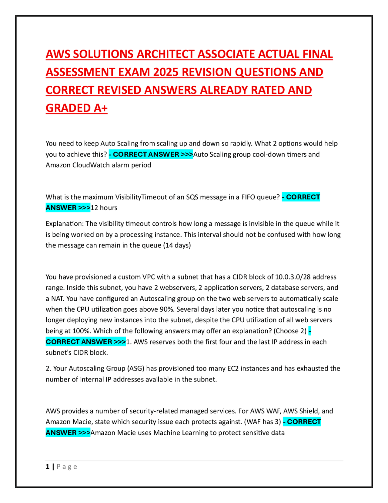 AWS SOLUTIONS ARCHITECT ASSOCIATE ACTUAL FINAL ASSESSMENT EXAM 2025 ...