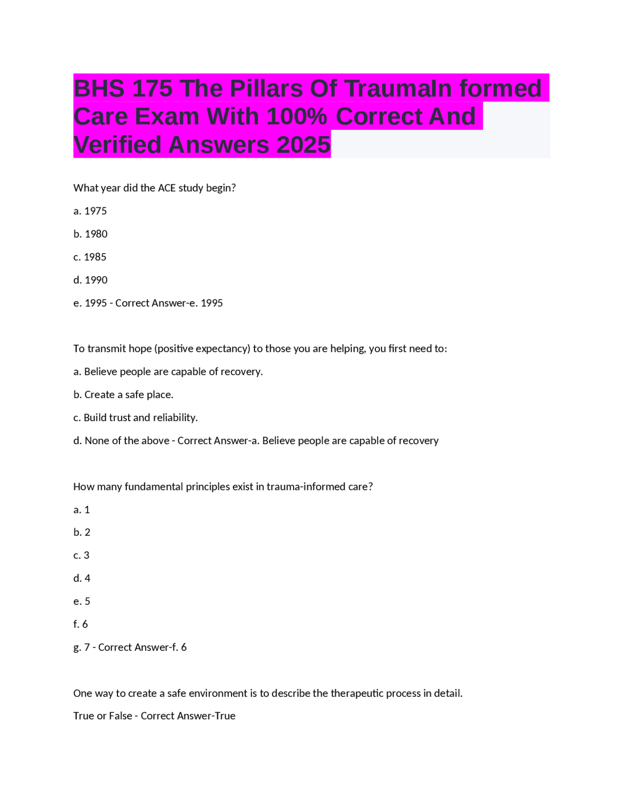 BHS 175 The Pillars Of TraumaIn formed Care Exam With 100% Correct And ...