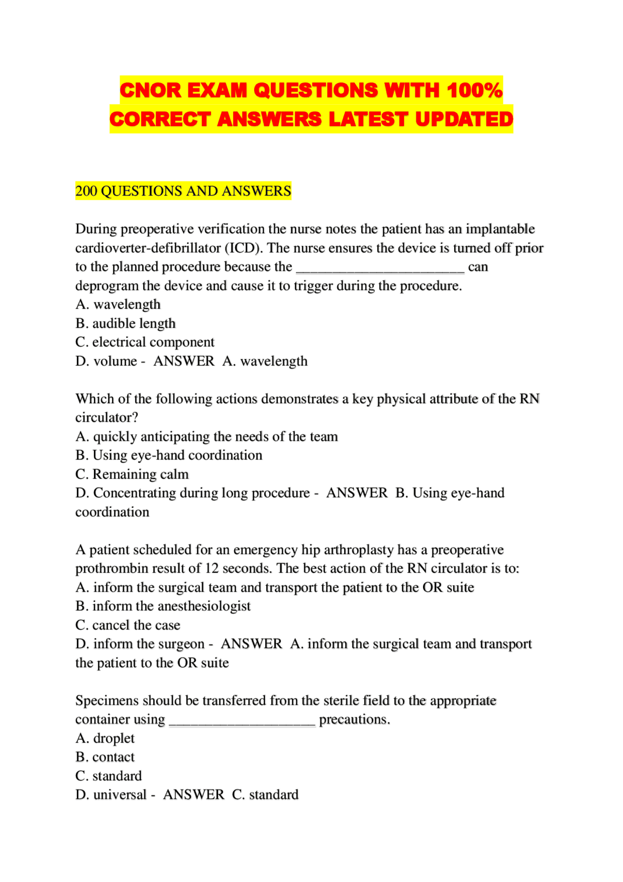 CNOR EXAM QUESTIONS WITH 100% CORRECT ANSWERS LATEST UPDATED | Exams ...