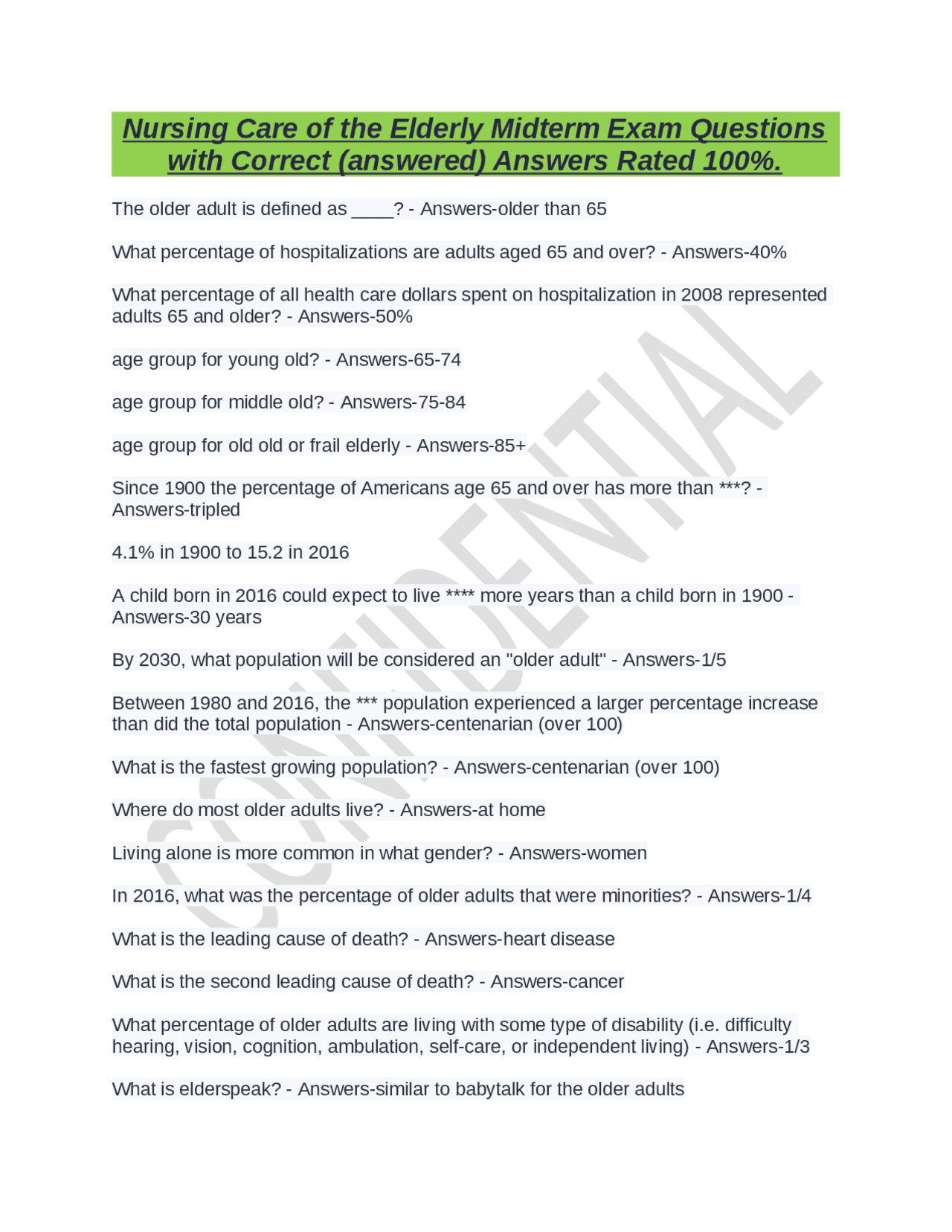 Nursing Care of the Elderly Midterm Exam Questions with Correct ...
