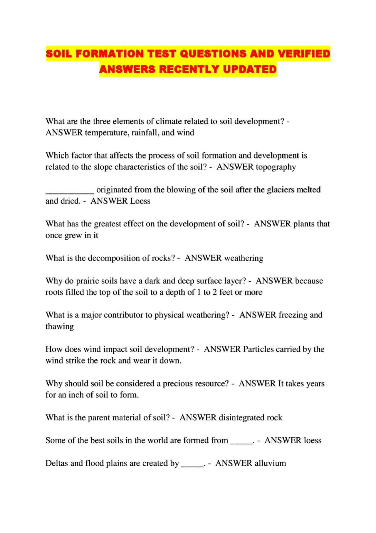 Soil Sample Questions SOIL FORMATION TEST QUESTIONS AND VERIFIED ANSWERS RECENTLY UPDATED ...