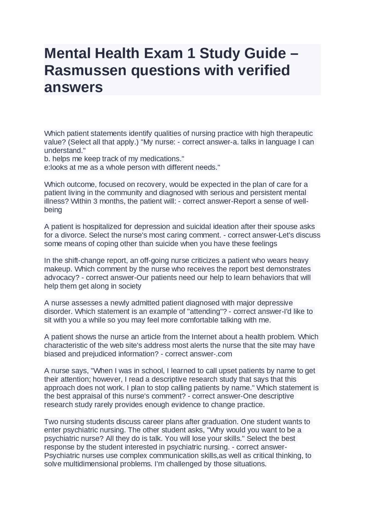 Mental Health Exam 1 Study Guide – Rasmussen questions with verified ...