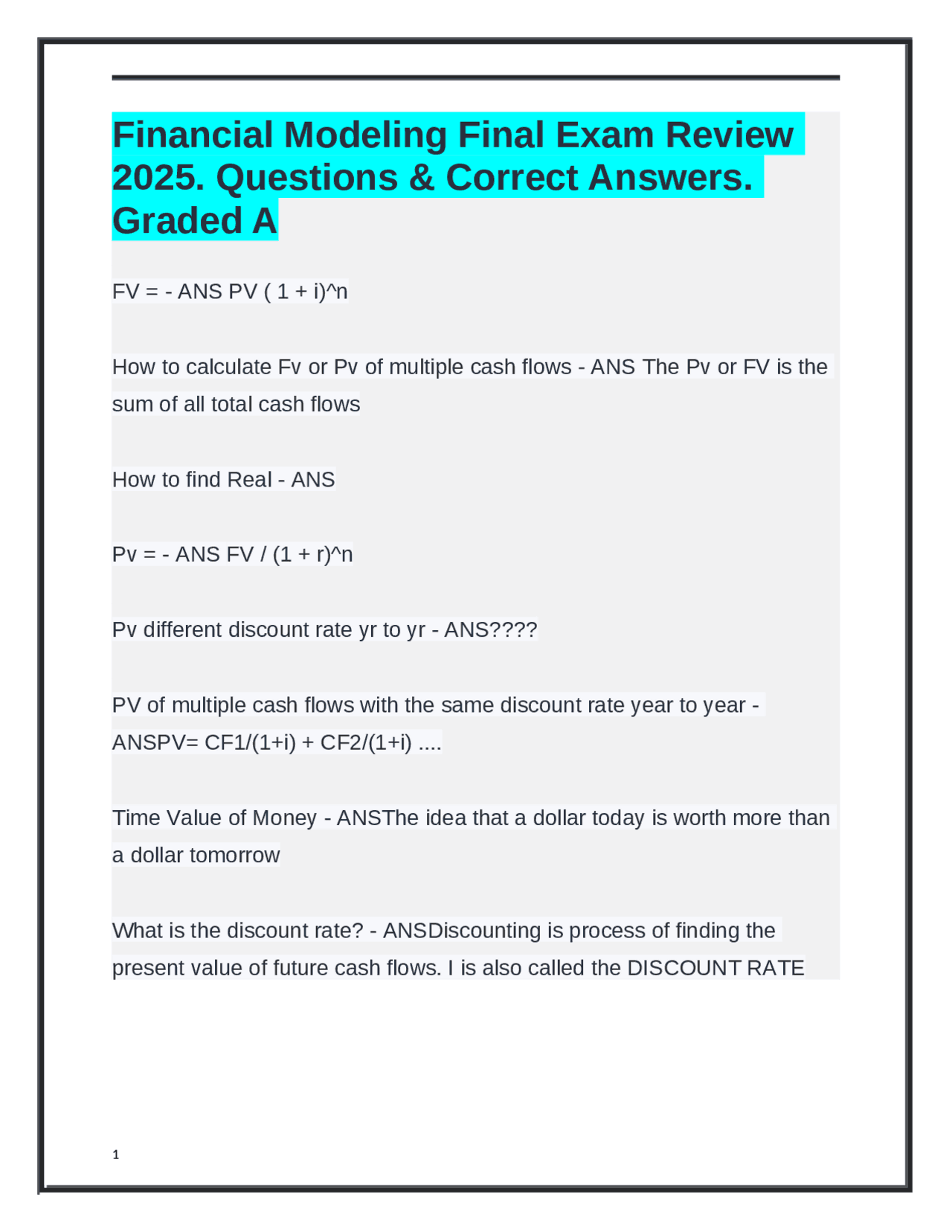 Financial Modeling Final Exam Review 2025. Questions & Correct Answers ...