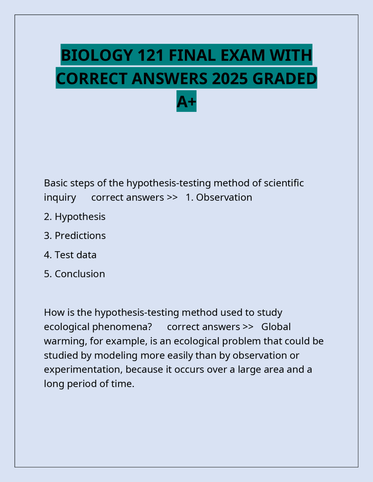 BIOLOGY 121 FINAL EXAM WITH CORRECT ANSWERS 2025 GRADED A+ | Exams ...