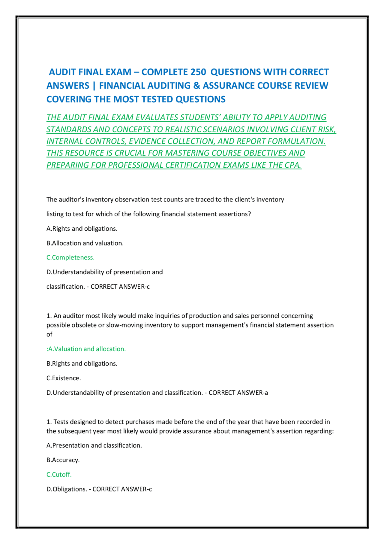AUDIT FINAL EXAM – COMPLETE 250 QUESTIONS WITH CORRECT ANSWERS ...