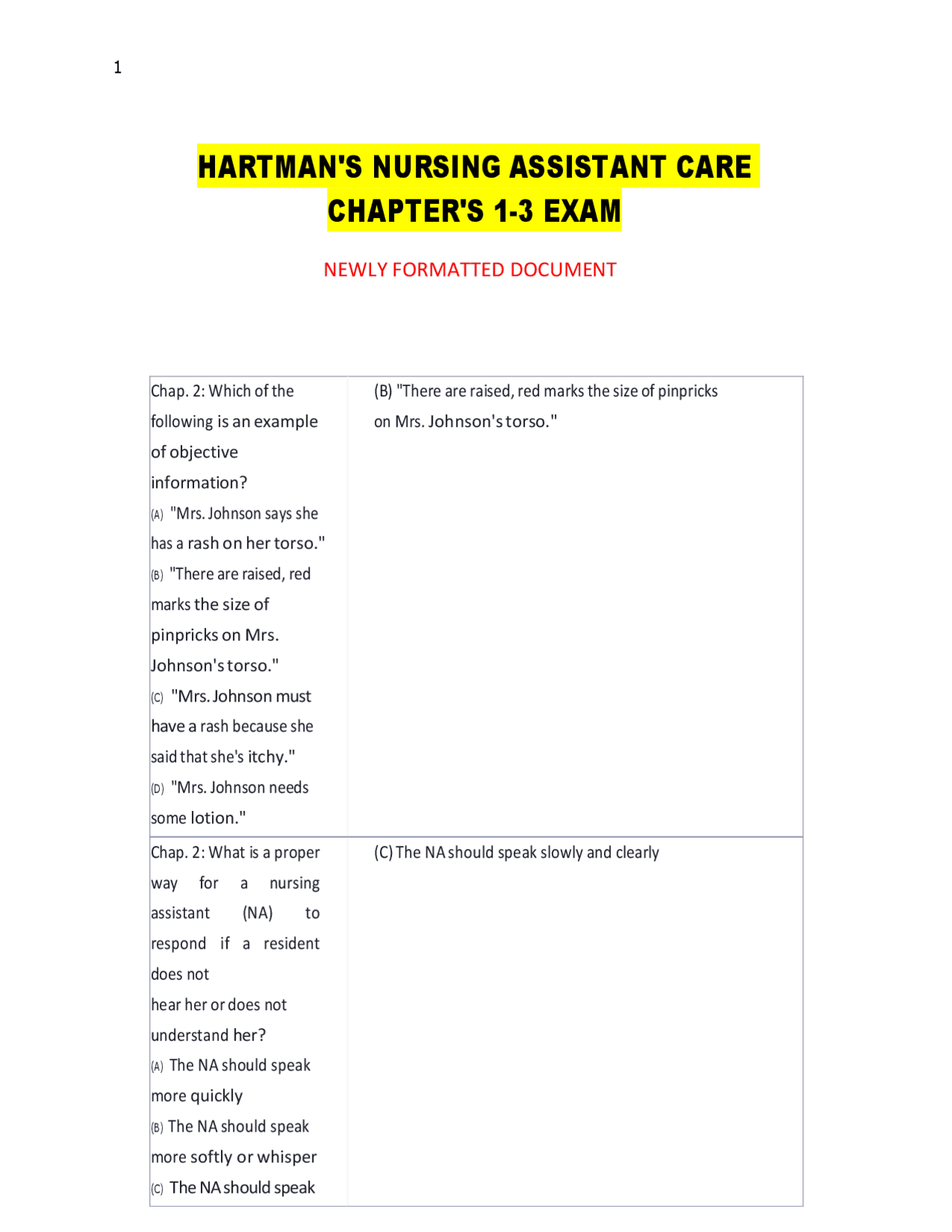 HARTMAN'S NURSING ASSISTANT CARE CHAPTER'S 1-3 EXAM | Exams Nursing ...