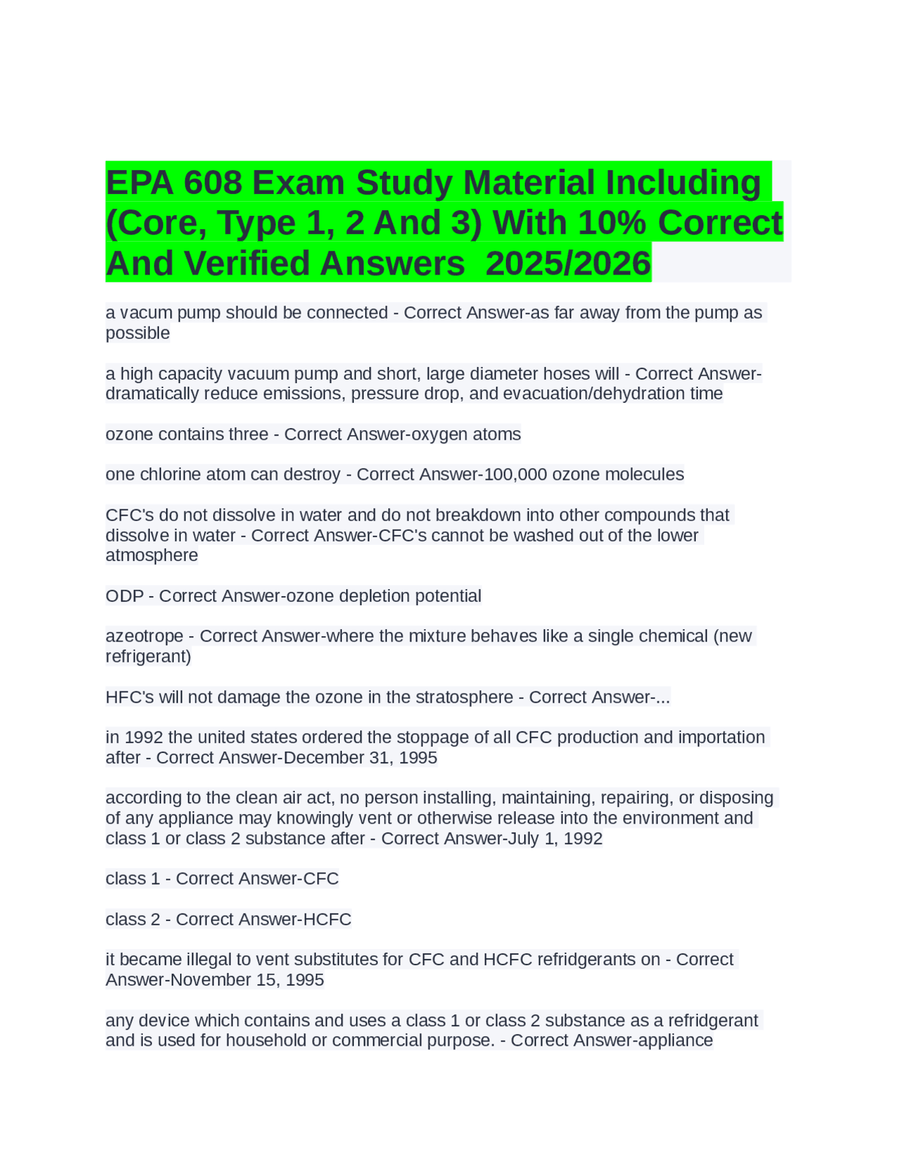 EPA 608 Exam Study Material Including (Core, Type 1, 2 And 3) With 10% ...