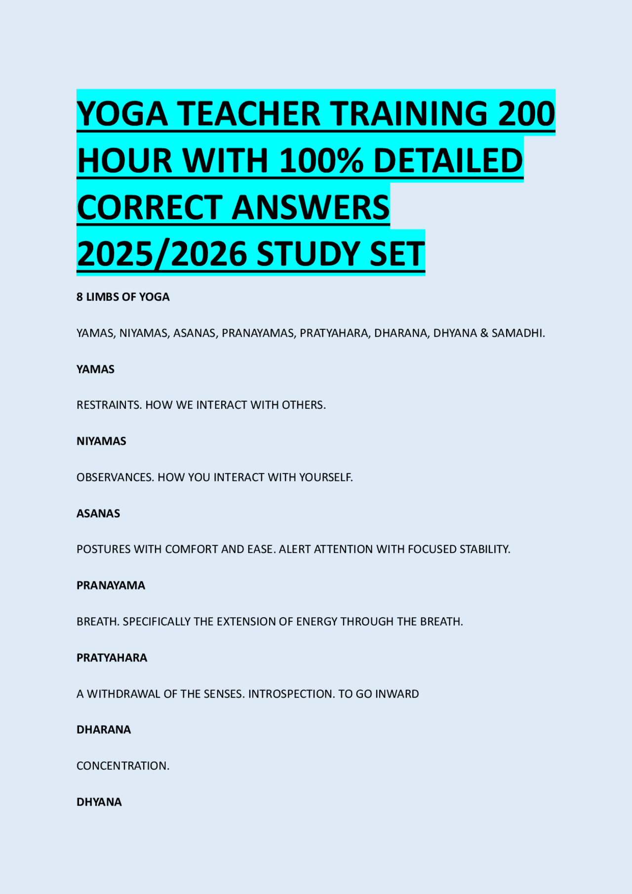 YOGA TEACHER TRAINING 200 HOUR WITH 100% DETAILED CORRECT ANSWERS 2025/ ...