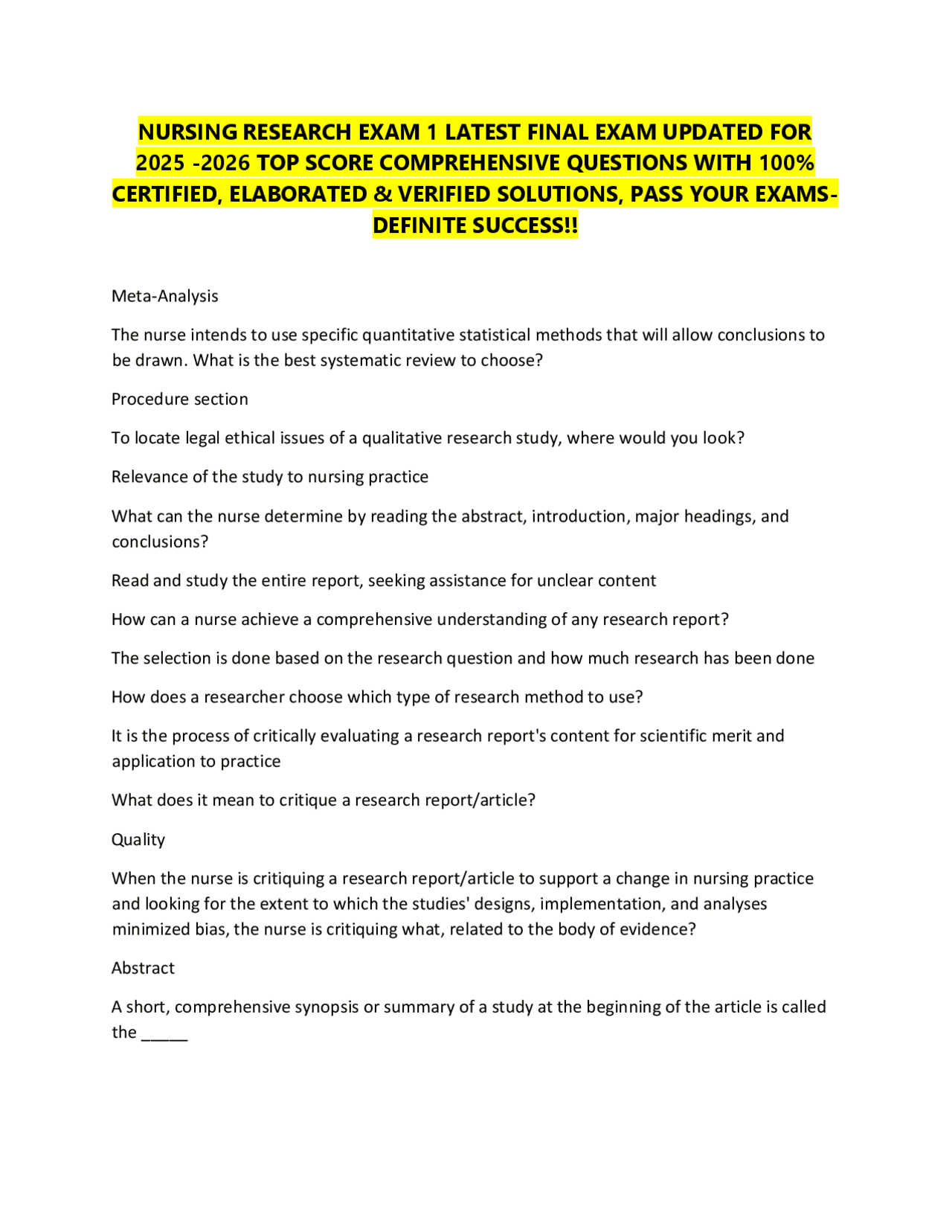 NURSING RESEARCH EXAM 1 LATEST FINAL EXAM UPDATED FOR 2025 -2026 TOP ...