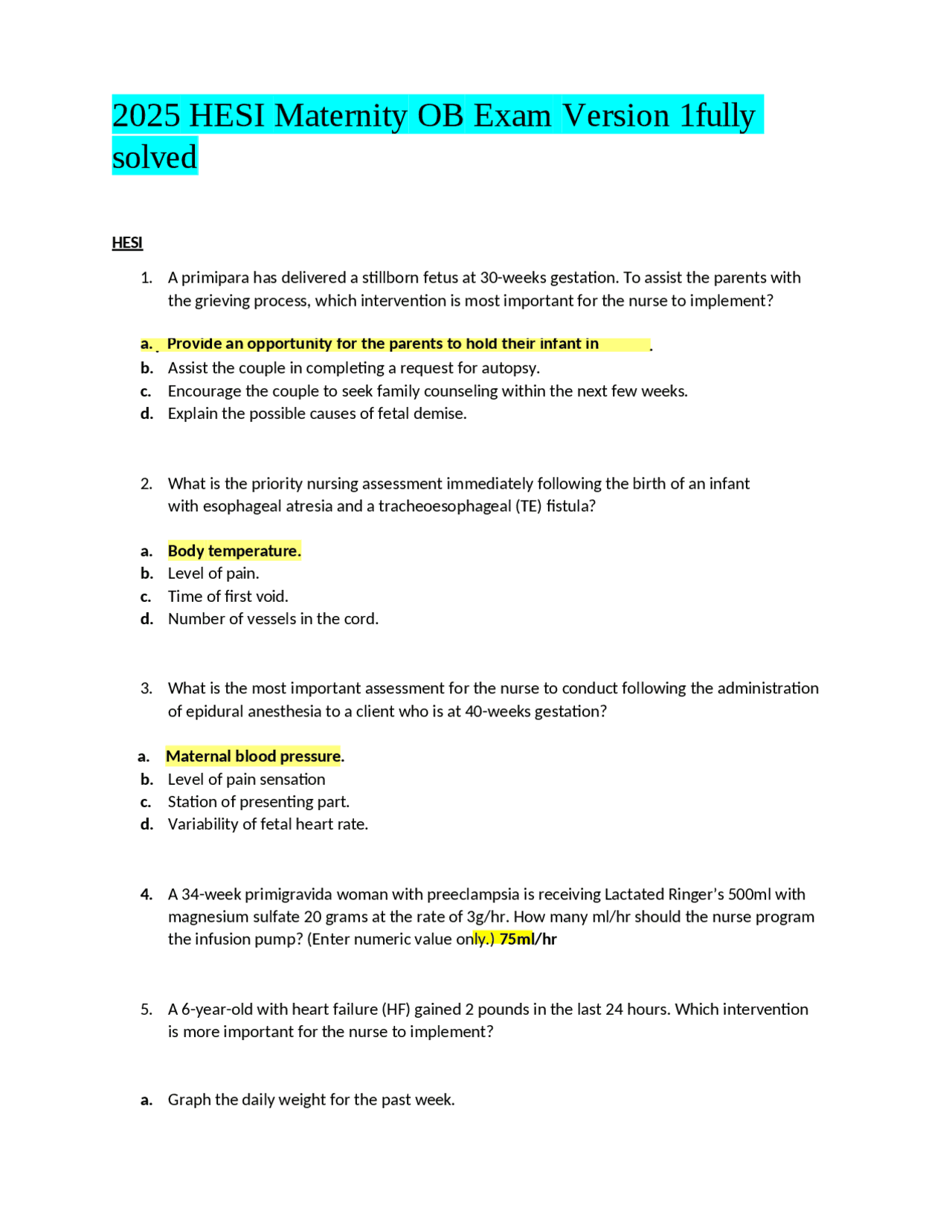 2025 HESI Maternity OB Exam Version 1fully solved | Exams Nursing | Docsity