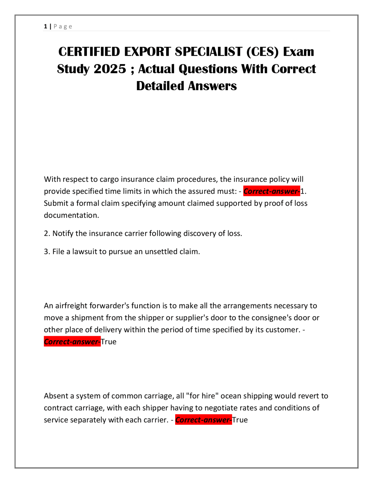 CERTIFIED EXPORT SPECIALIST (CES) Exam Study 2025 ; Actual Questions ...