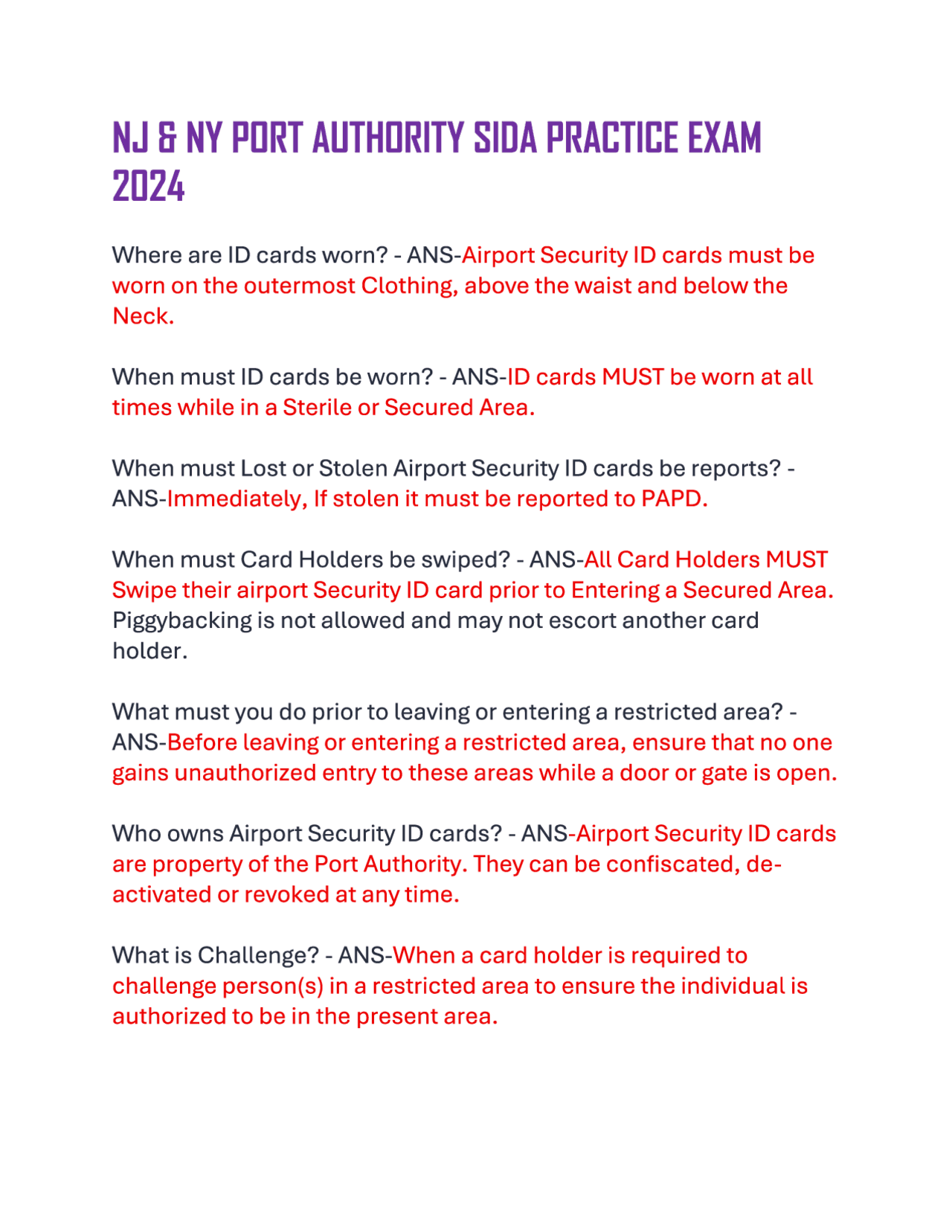 NJ &amp; NY Port Authority SIDA Practice Questions NEWEST 2025/2026 ACTUAL EXAM COMPLETE QUEST ...