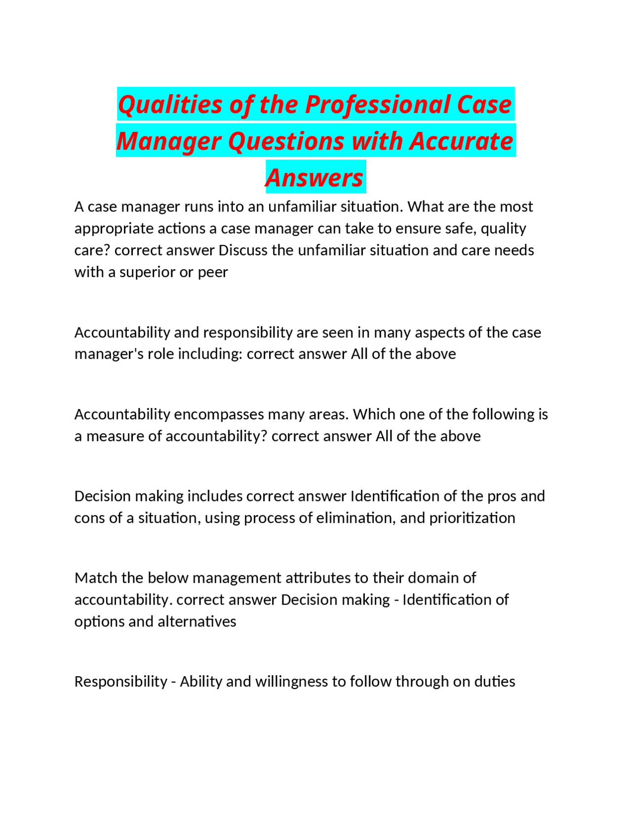 Qualities of the Professional Case Manager Questions with Accurate ...