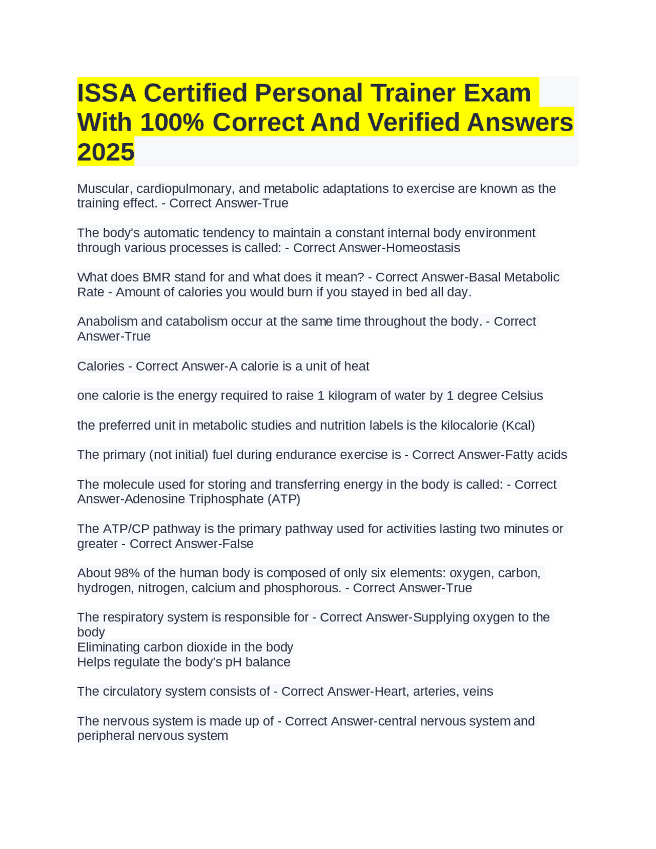ISSA Certified Personal Trainer Exam With 100% Correct And Verified Answers 2025 | Exams ...