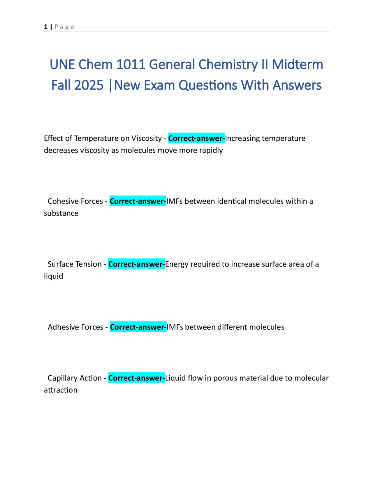 UNE Chem 1011 General Chemistry II Midterm Fall 2025 |New Exam ...