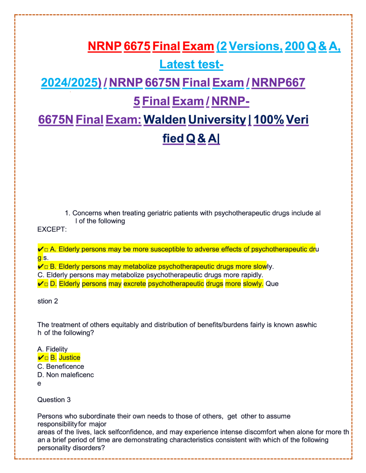 NRNP 6675 Final Exam (2 Versions, 200 Question & Answers, Latest-2024 ...