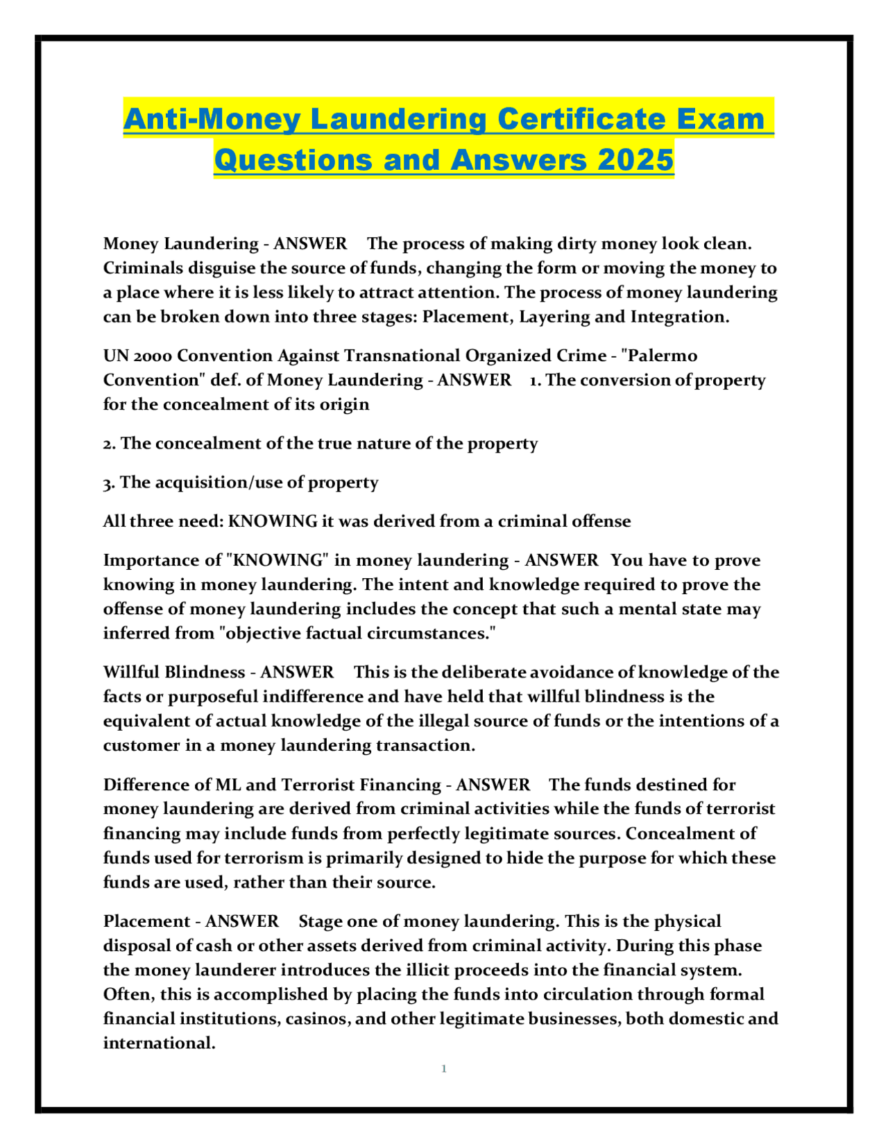 Anti-Money Laundering Certificate Exam Questions and Answers | Exams ...