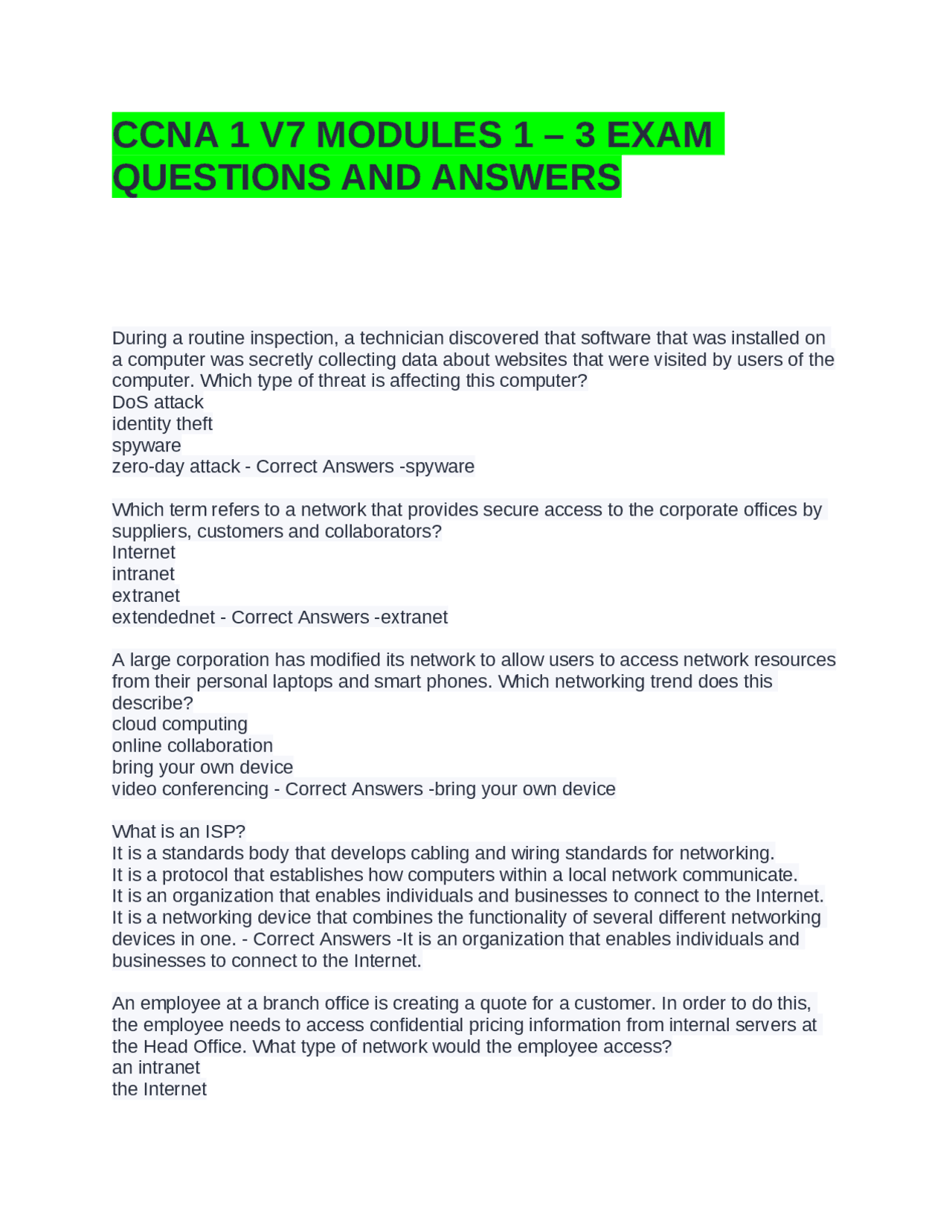 CCNA 1 V7 MODULES 1 – 3 EXAM QUESTIONS AND ANSWERS | Exams Advanced Education | Docsity