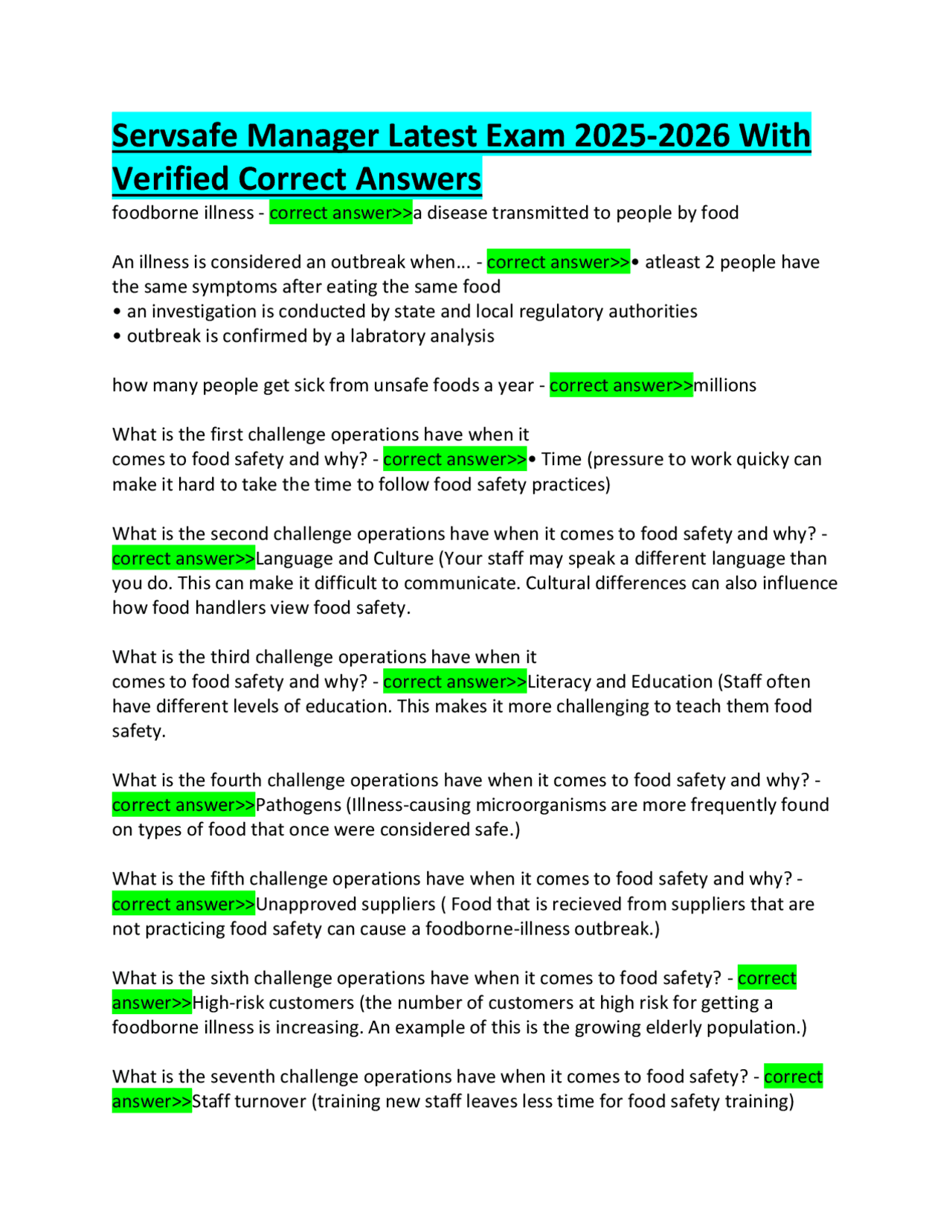 Servsafe Manager Latest Exam 2025-2026 With Verified Correct Answers ...