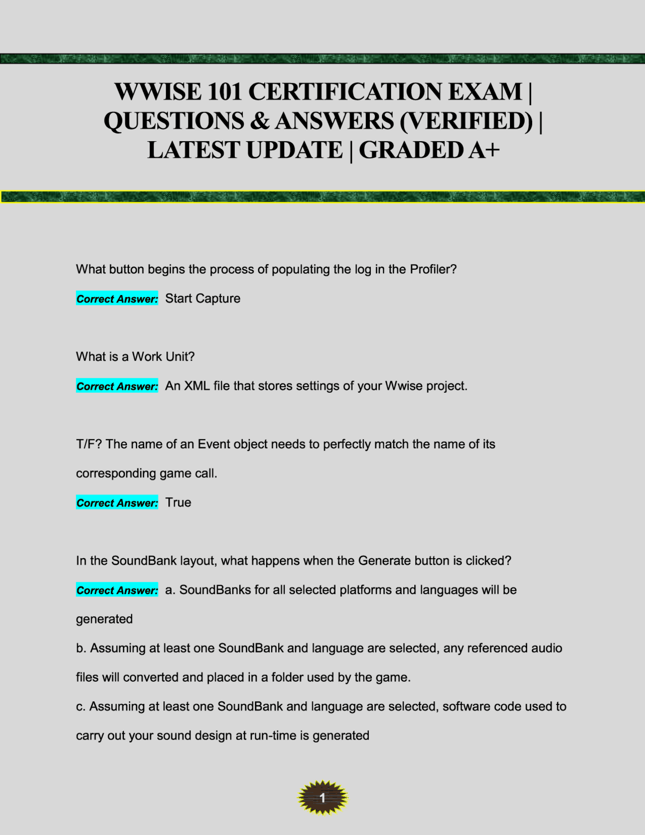 Wise Test Example WWISE 101 CERTIFICATION EXAM 2025/2026 QUESTIONS WITH ANSWERS GRADED A+ ...