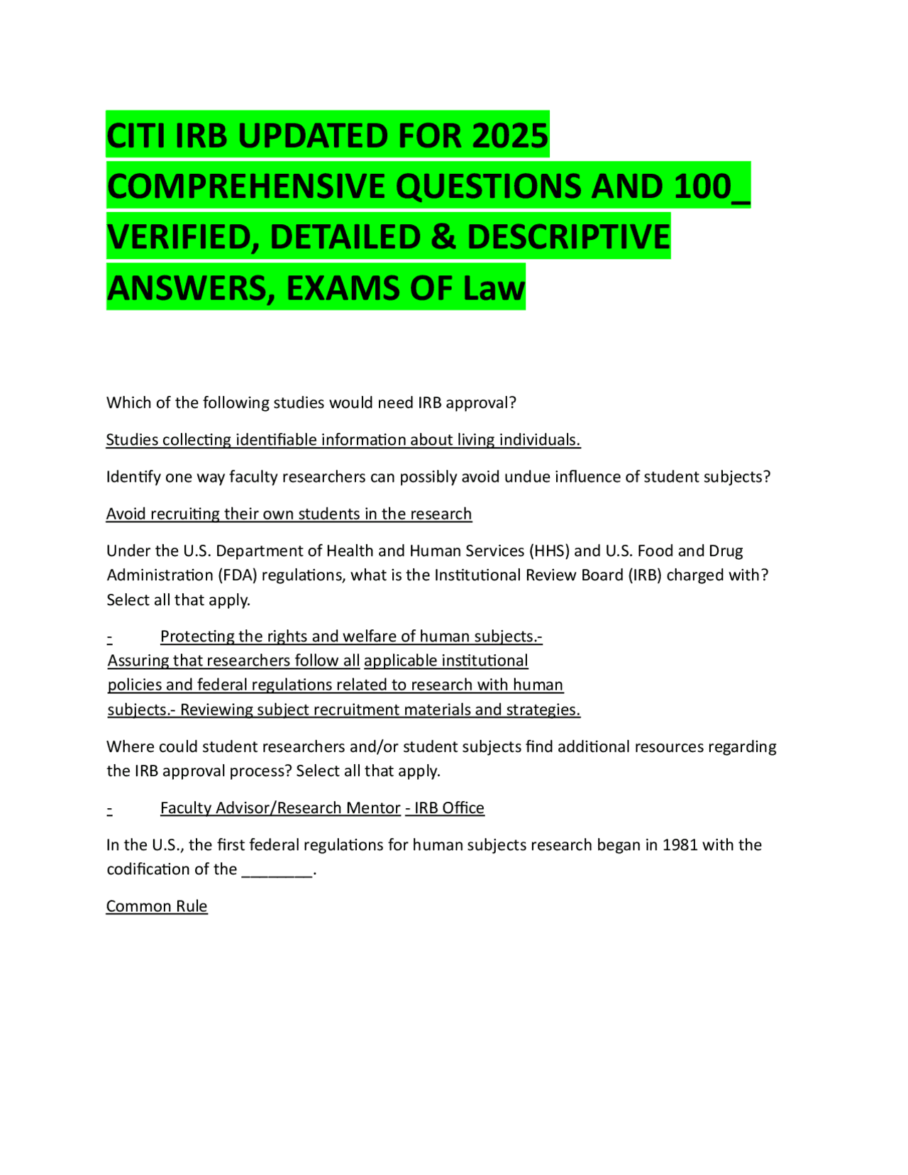 CITI IRB UPDATED FOR 2025 COMPREHENSIVE QUESTIONS AND 100_ VERIFIED ...