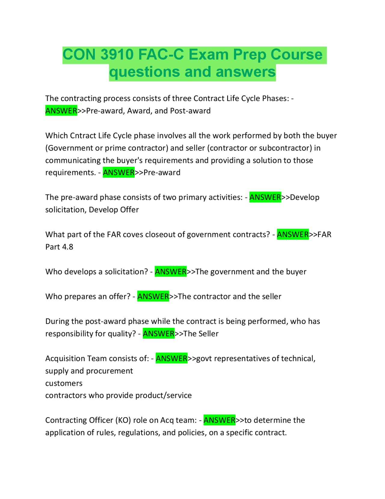 CON 3910 FAC-C Exam Prep Course questions and answers | Exams Advanced Education | Docsity